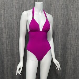 NWOT Y2K Gottex Magenta One Piece Halter Swimsuit XS